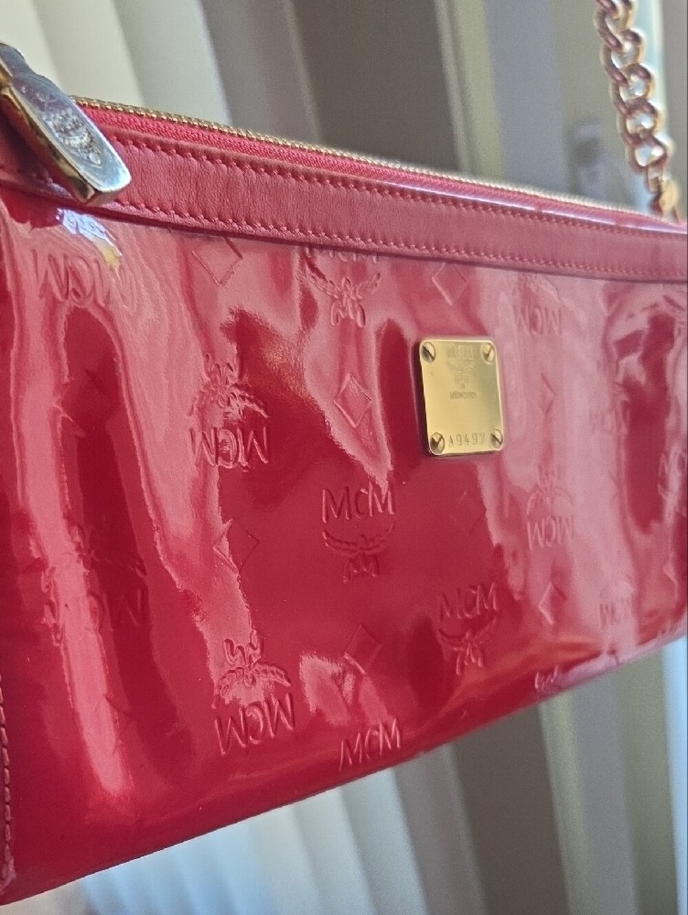 MCM Patent Shoulder Bag in Deep Red with Gold Chain - Picture 4 of 14
